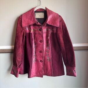 Vintage Char Red Leather Suede Jacket Hand Painted Floral